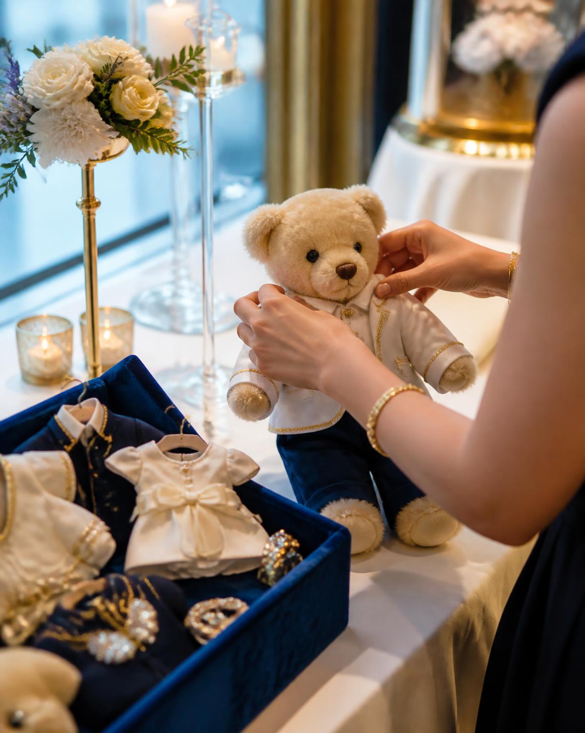 A plush bear being styled in a tailored ivory outfit at an elegant event table