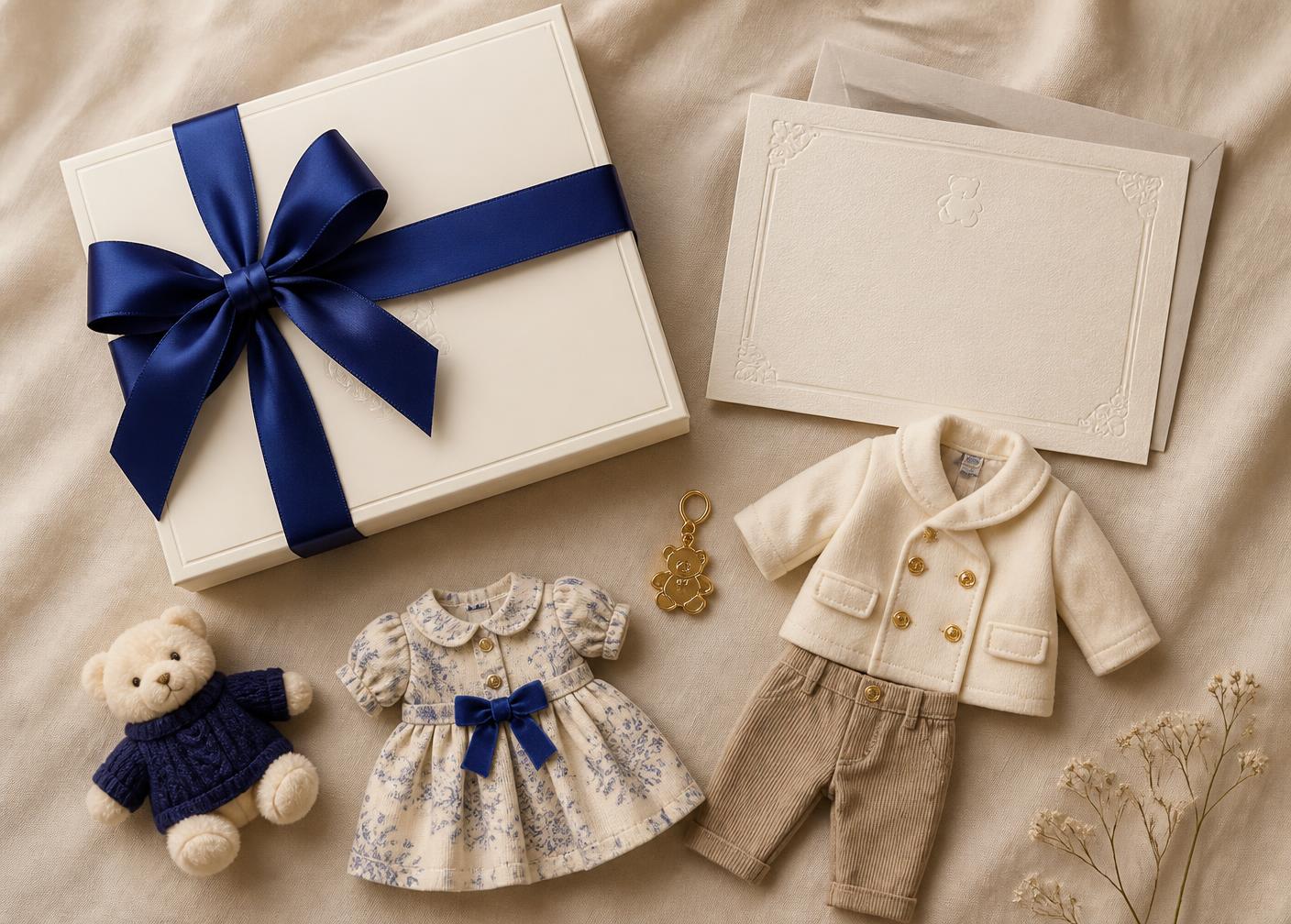 Signature cream gift box with royal blue ribbon, letterpress certificate, plush outfits and a gold charm