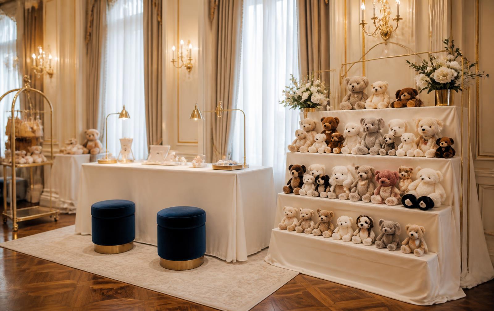 Mobile plush studio set up in an elegant ballroom with tiered plush displays and velvet stools